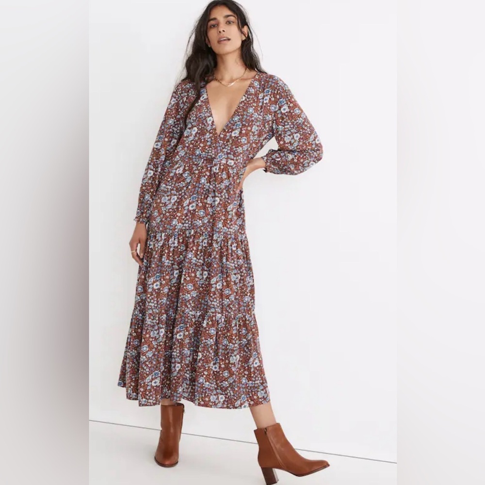 Madewell Floral V-Neck Tiered Midi Dress